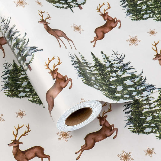 Festive Reindeer & Tree Christmas Gift Wrap - 17x32.8 Ft