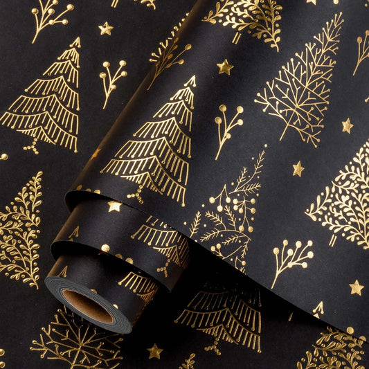 Golden Star 3D Christmas Wrap - 46.8 sq.ft Black Embossed Foil