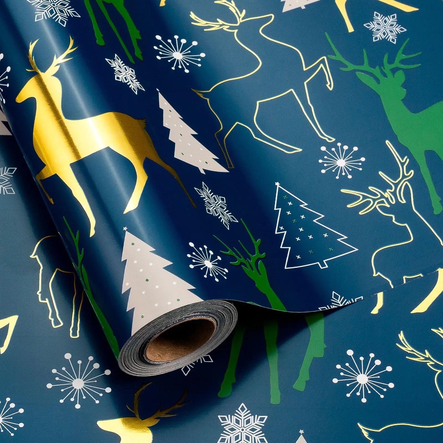 Retrify Christmas Wrapping Paper - Mini Roll - 17 Inch X 32.8 Feet - Gold Green Reindeer/Christmas Tree/Snowflake Design Gift Wrap for Holiday Party Celebration