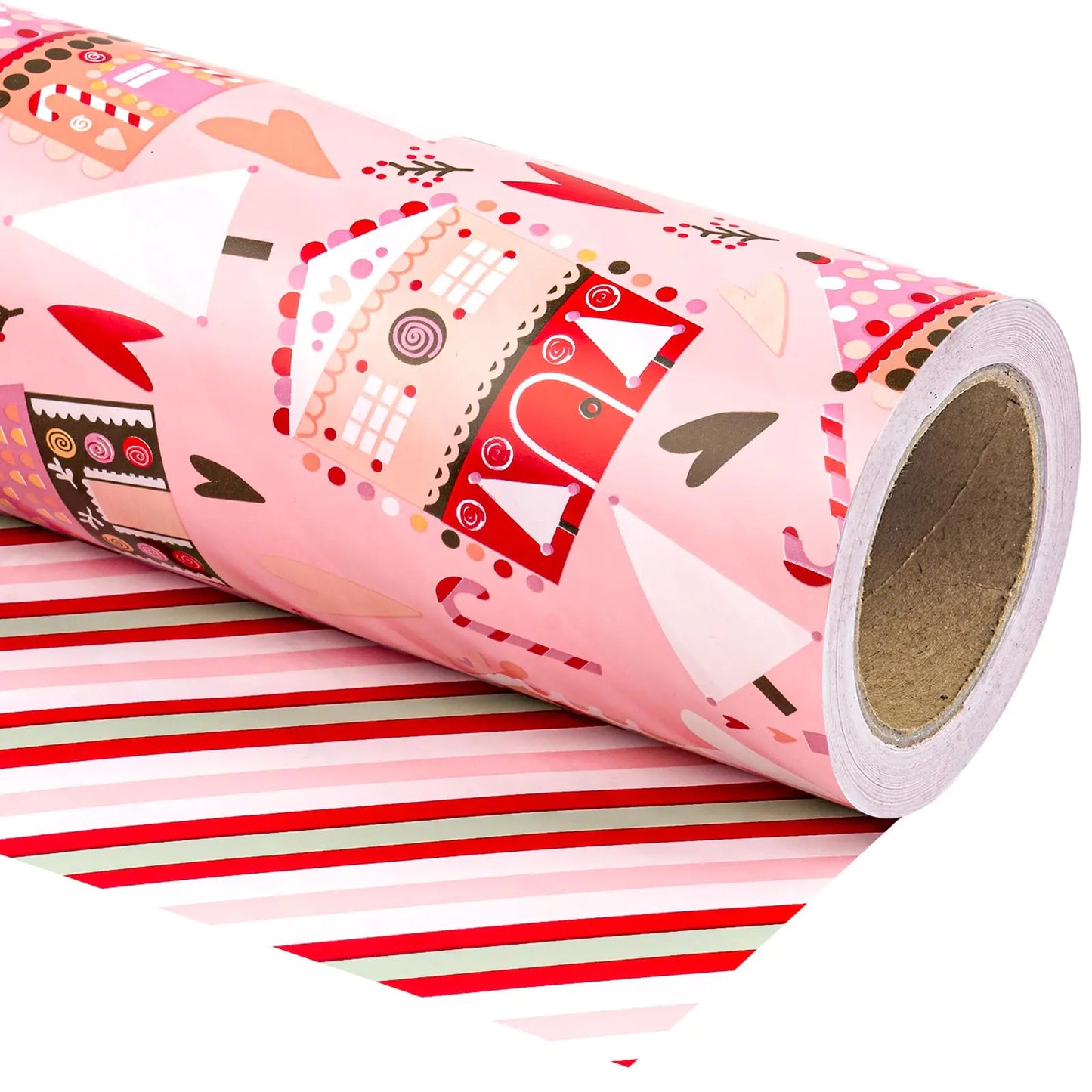 WRAPAHOLIC Reversible Christmas Wrapping Paper - Mini Roll - 17 Inch X 33 Feet - House with Christmas Tree and Candy Cane Design for Chrsitmas Holiday Party Celebration