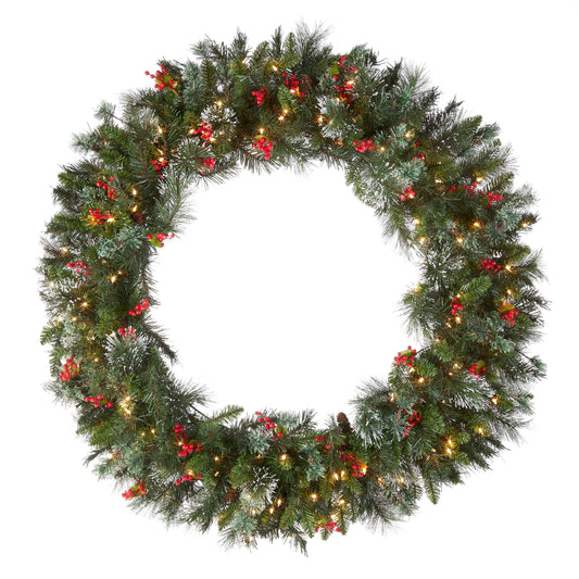 National Tree Company Pre-Lit Artificial Christmas Wreath Green Wintry Pine White Lights Decorated with Pine Cones Berry Clusters Frosted Branches Christmas Collection 48 Inches